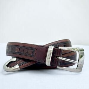 Mezlan Genuine Crocodile Belt Brown Men Silver Buckle Harware 34” Spain Exotic